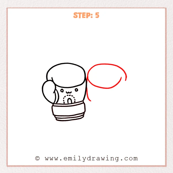 how to draw a boxing gloves - Step 5 of an easy boxing gloves drawing adding a second large oval on the right and a curved connecting side line between the gloves.